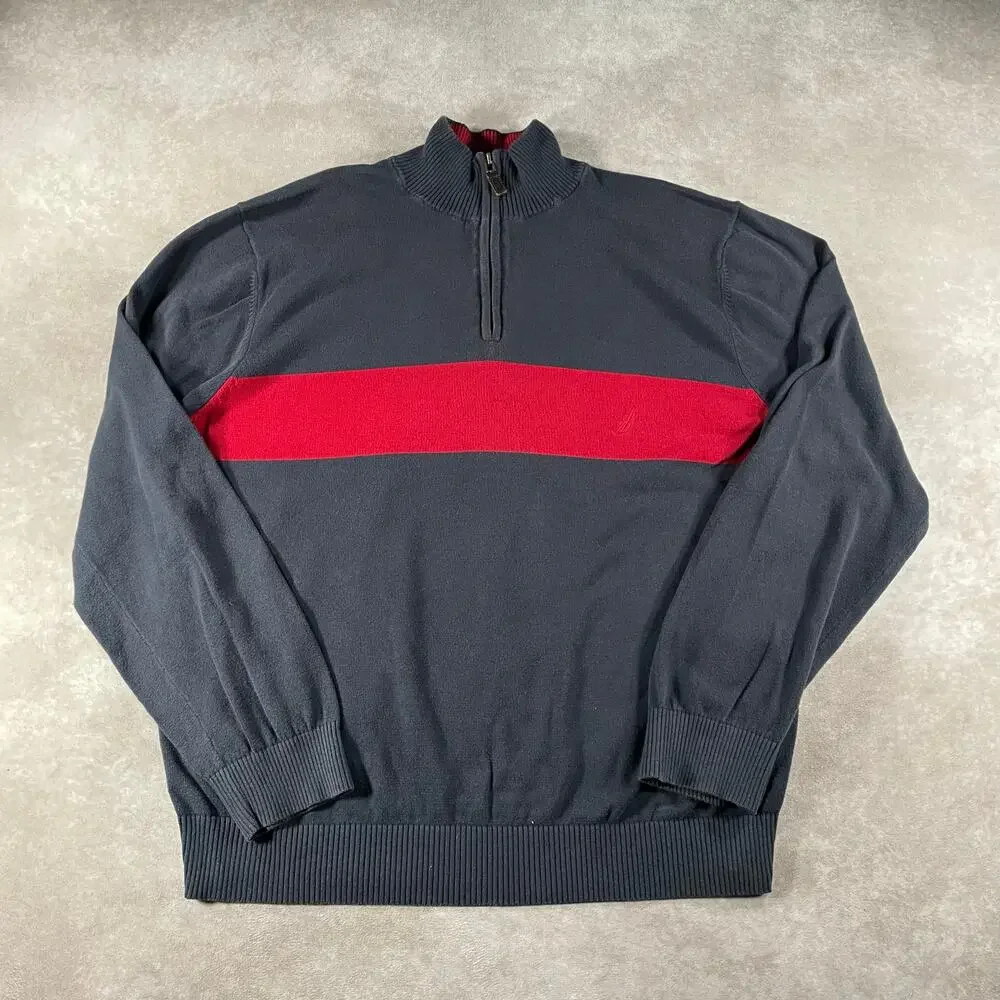 Vintage Nautica Blue Red Casual Quarter Zip Sweater Large